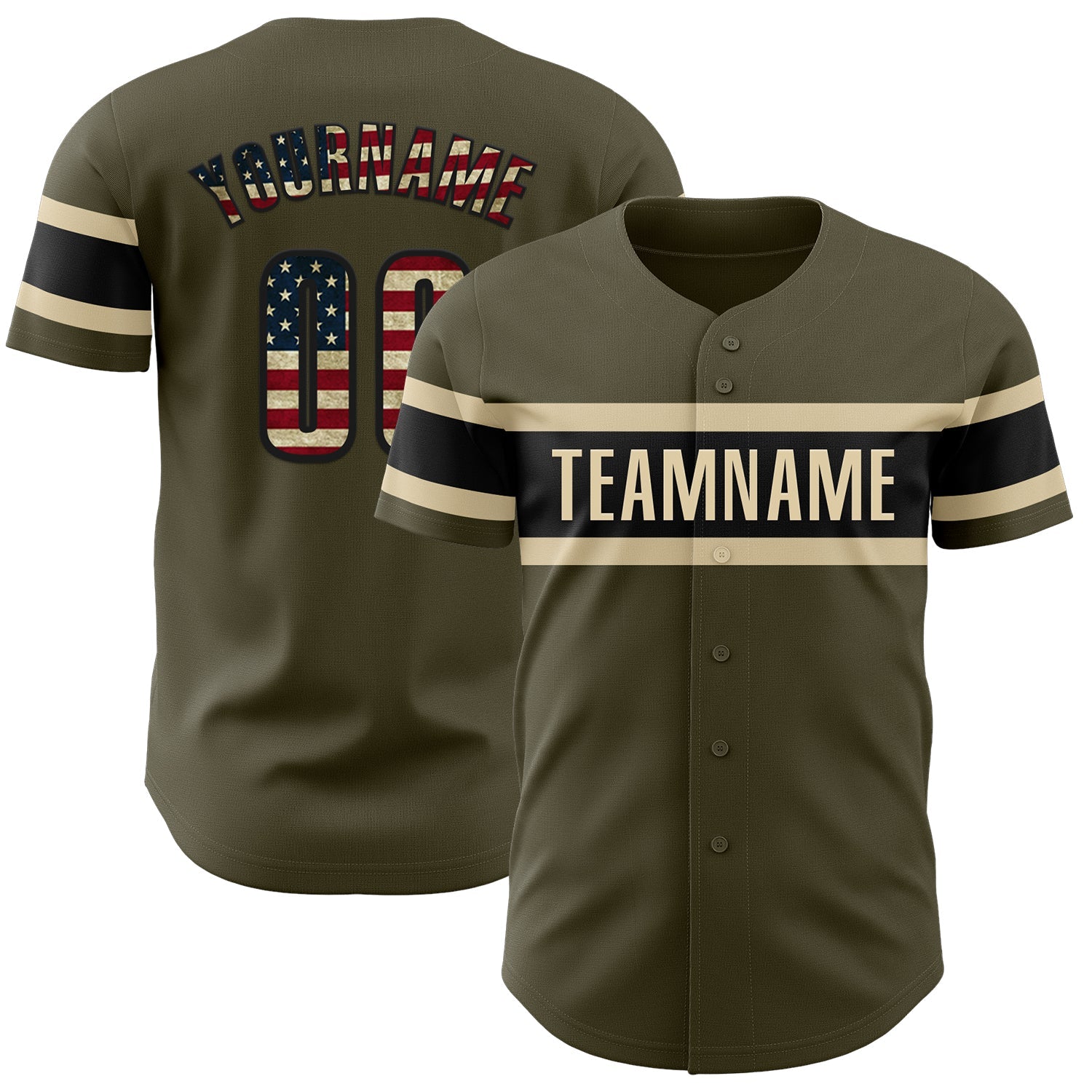 Custom Olive Vintage USA Flag Black-Cream Authentic Salute To Service Baseball Jersey - Main View