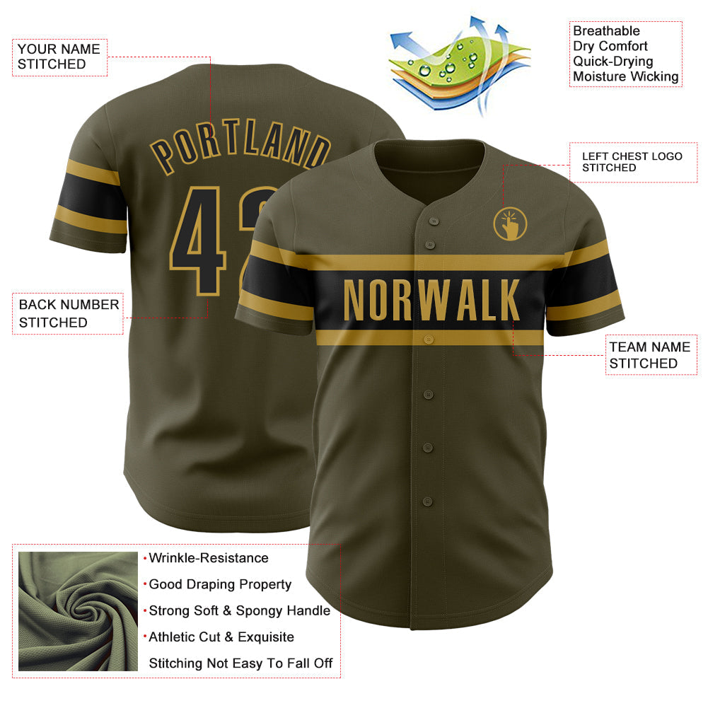 Custom Olive Black-Old Gold Authentic Salute To Service Baseball Jersey view 3
