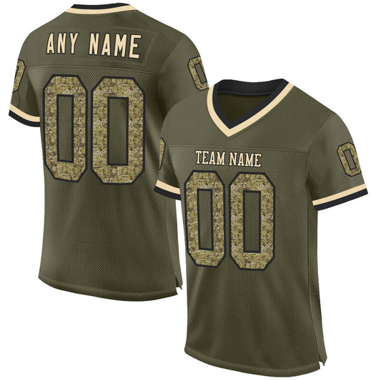 Custom Olive Camo Black-Cream Mesh Authentic Throwback Salute To Service Football Jersey - Main View