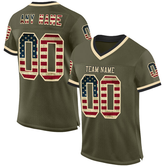 Custom Olive Vintage USA Flag Cream-Black Mesh Authentic Throwback Salute To Service Football Jersey - Main View