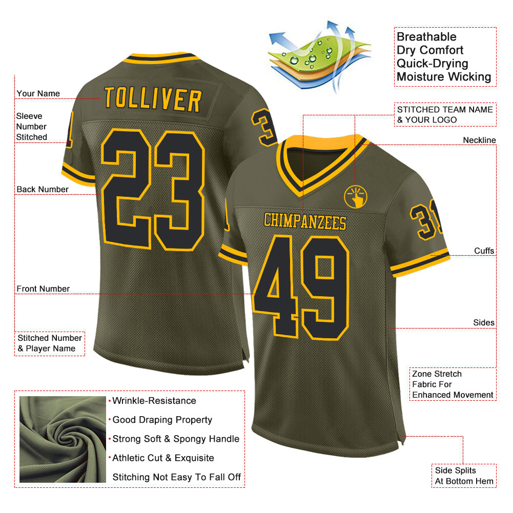 Custom Olive Black-Gold Mesh Authentic Throwback Salute To Service Football Jersey view 2