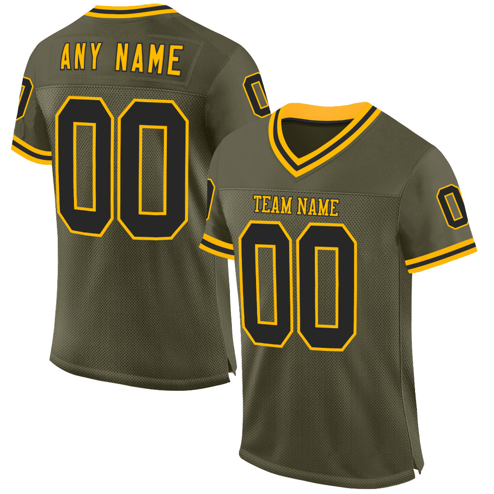 Custom Olive Black-Gold Mesh Authentic Throwback Salute To Service Football Jersey - Main View