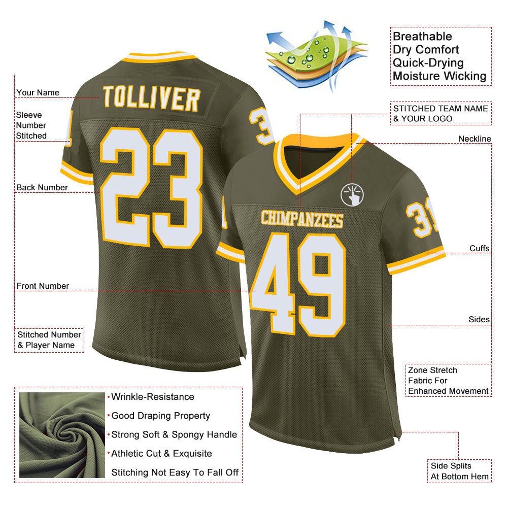 Custom Olive White-Gold Mesh Authentic Throwback Salute To Service Football Jersey view 2