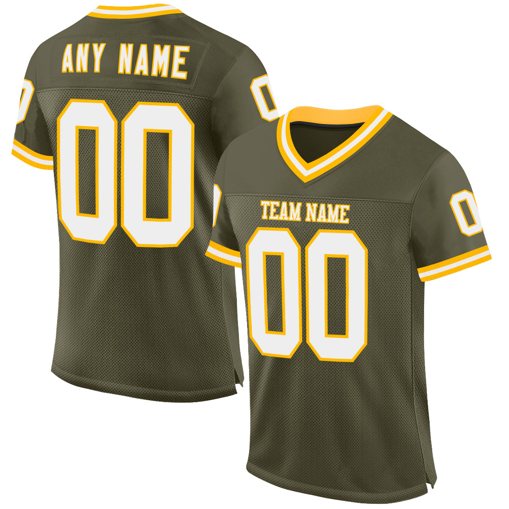 Custom Olive White-Gold Mesh Authentic Throwback Salute To Service Football Jersey - Main View