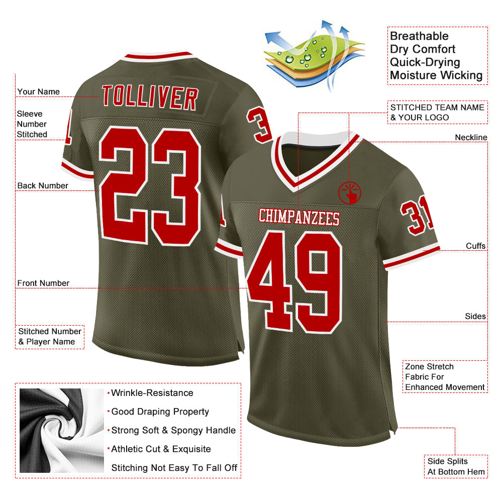 Custom Olive Red-White Mesh Authentic Throwback Salute To Service Football Jersey view 2