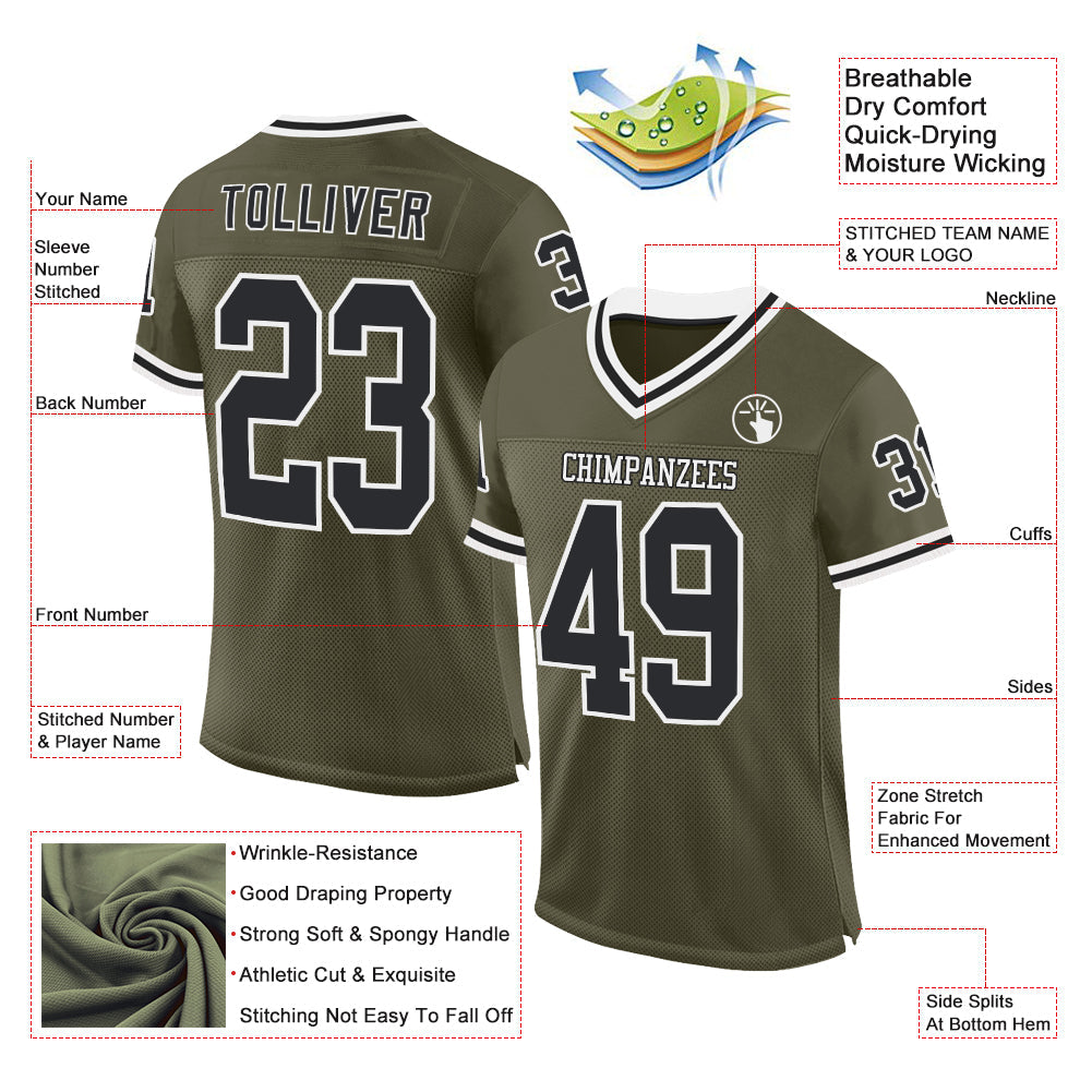 Custom Olive Black-White Mesh Authentic Throwback Salute To Service Football Jersey view 2