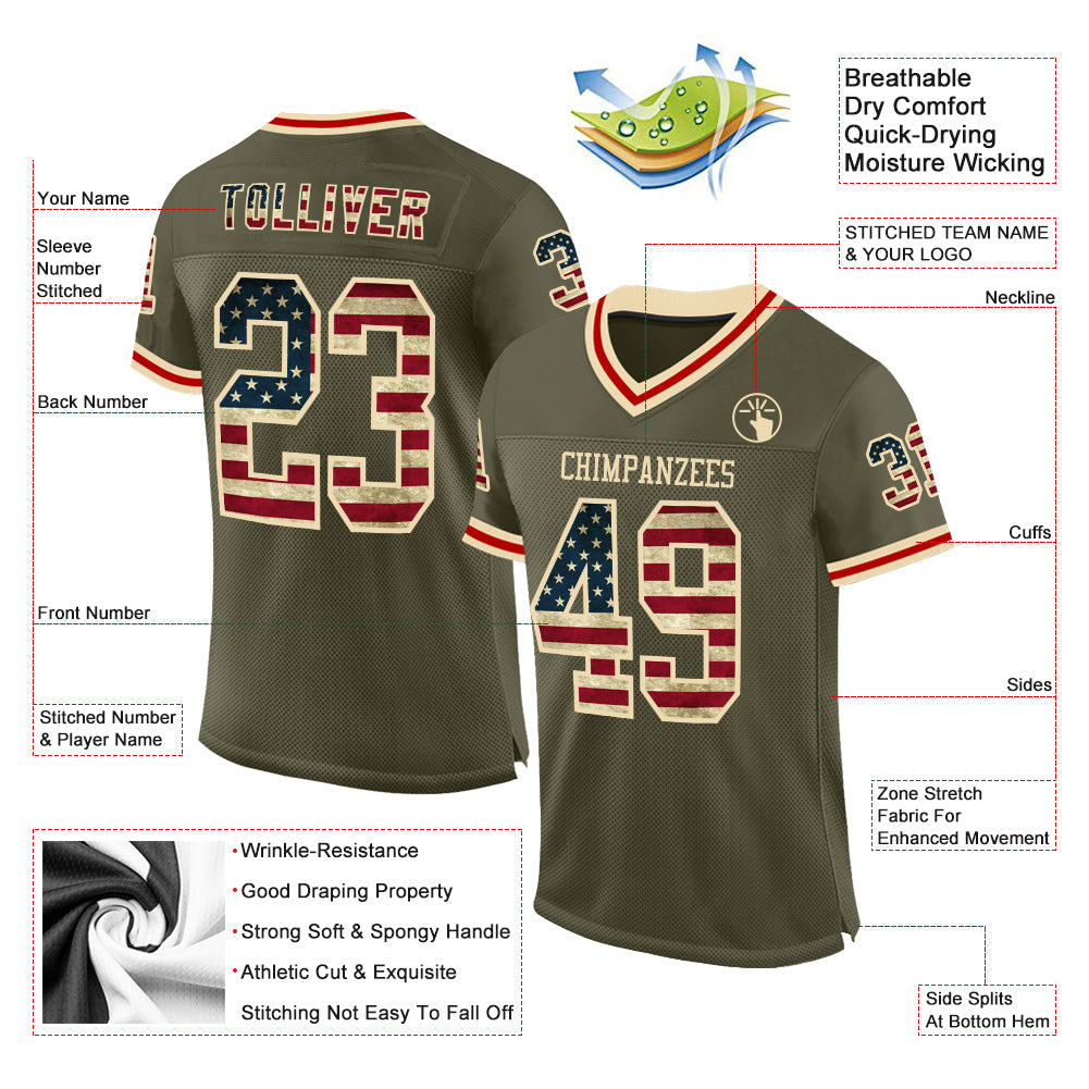 Custom Olive Vintage USA Flag Cream-Red Mesh Authentic Throwback Salute To Service Football Jersey view 2
