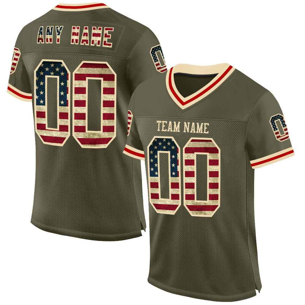 Custom Olive Vintage USA Flag Cream-Red Mesh Authentic Throwback Salute To Service Football Jersey - Main View