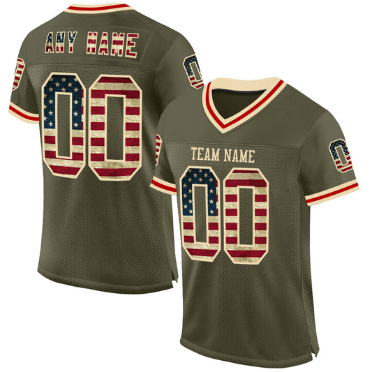 Custom Olive Vintage USA Flag Cream-Red Mesh Authentic Throwback Salute To Service Football Jersey - Main View