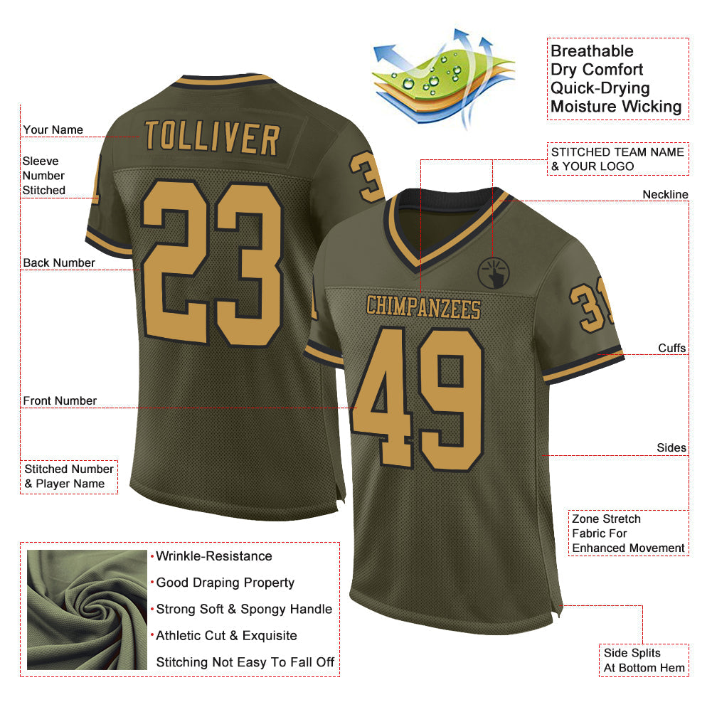 Custom Olive Old Gold-Black Mesh Authentic Throwback Salute To Service Football Jersey view 2