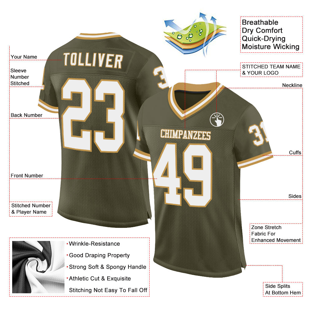 Custom Olive White-Old Gold Mesh Authentic Throwback Salute To Service Football Jersey view 2