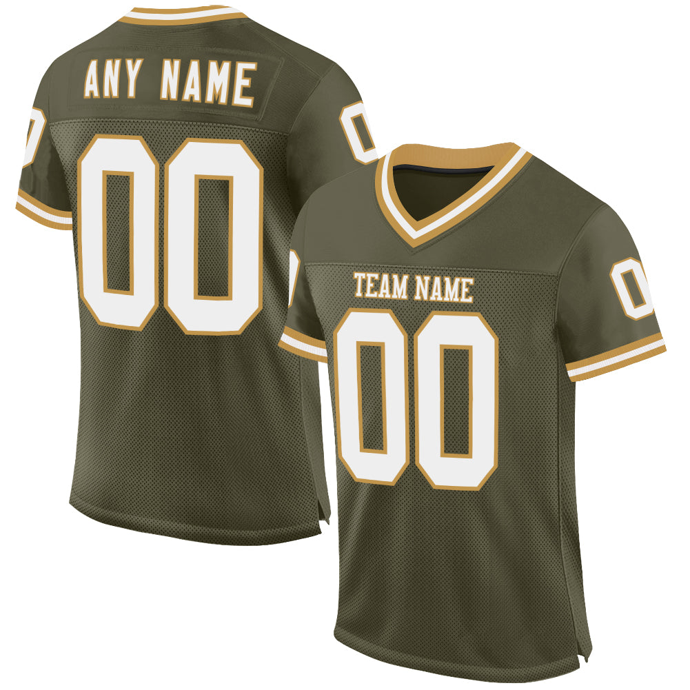 Custom Olive White-Old Gold Mesh Authentic Throwback Salute To Service Football Jersey - Main View