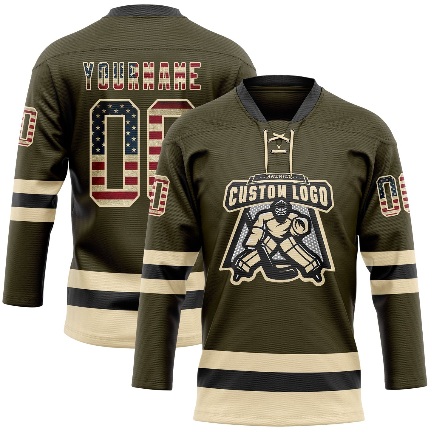 Custom Olive Vintage USA Flag Cream-Black Salute To Service Hockey Lace Neck Jersey view 2