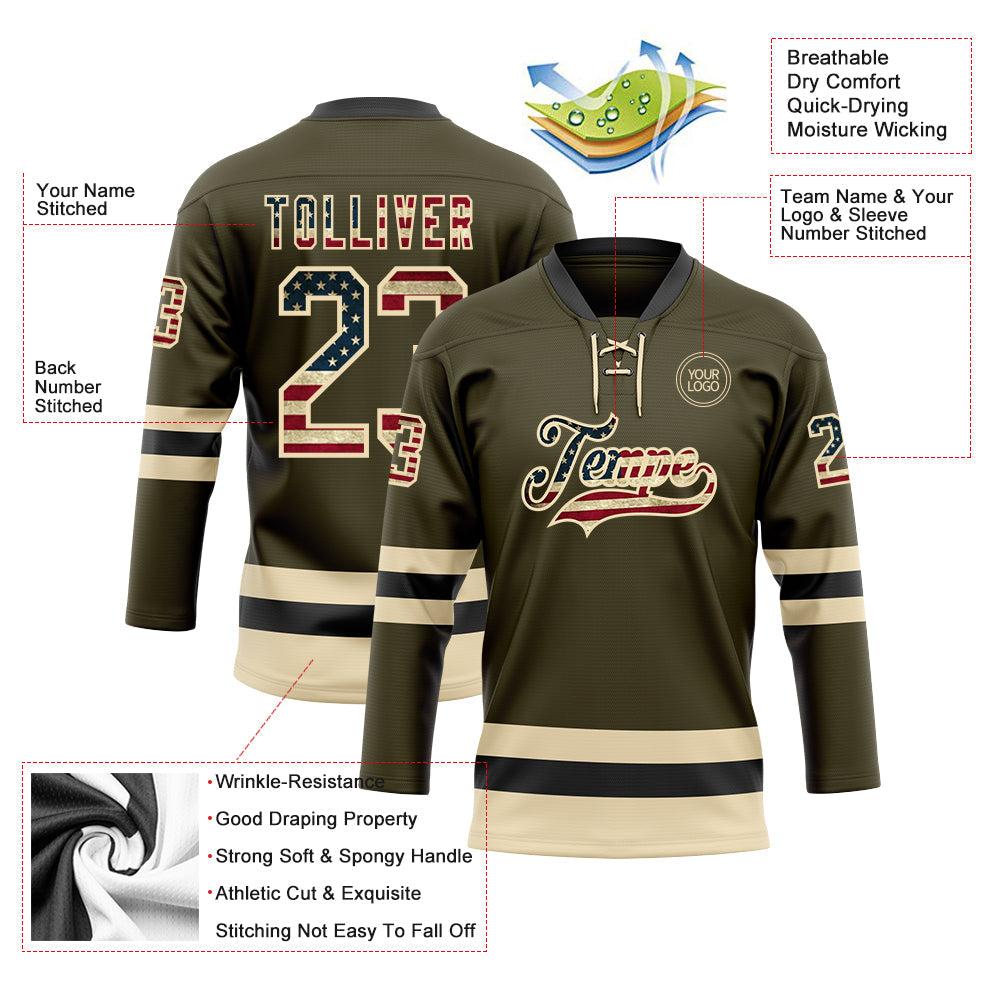 Custom Olive Vintage USA Flag Cream-Black Salute To Service Hockey Lace Neck Jersey view 3