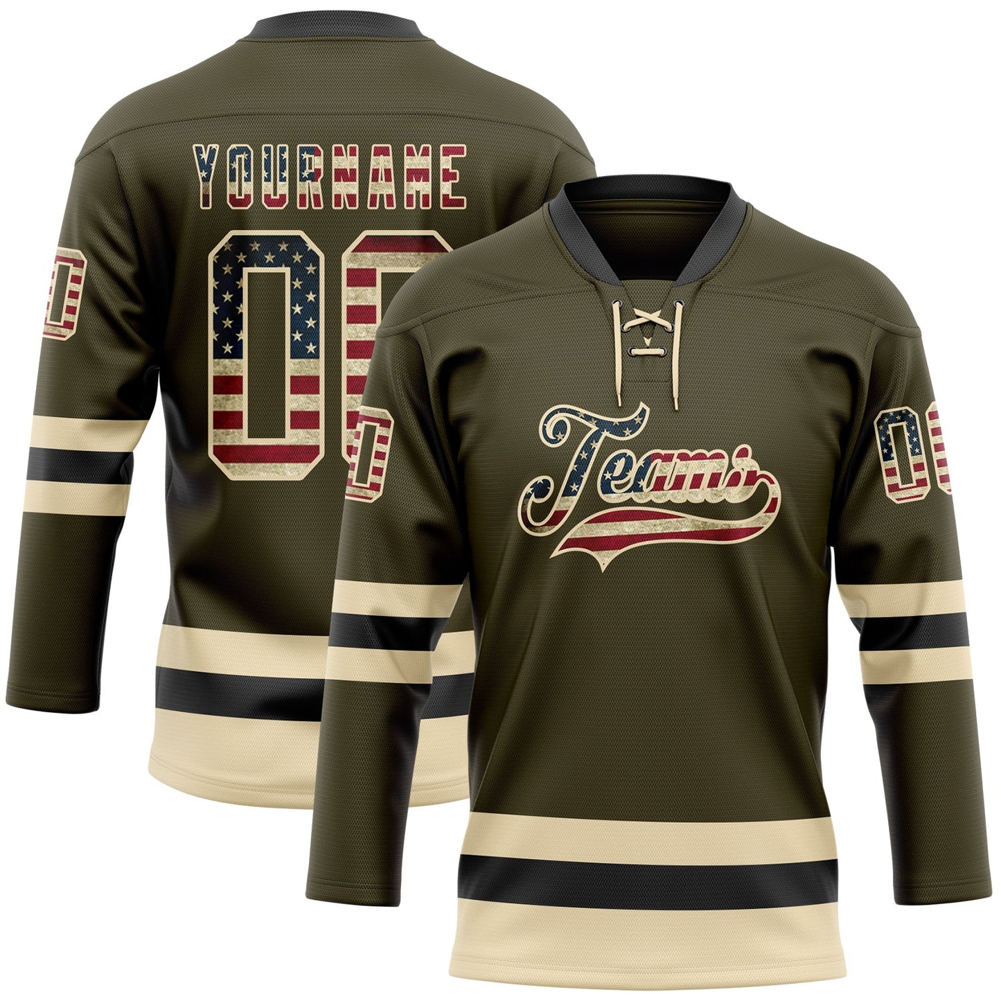 Custom Olive Vintage USA Flag Cream-Black Salute To Service Hockey Lace Neck Jersey - Main View