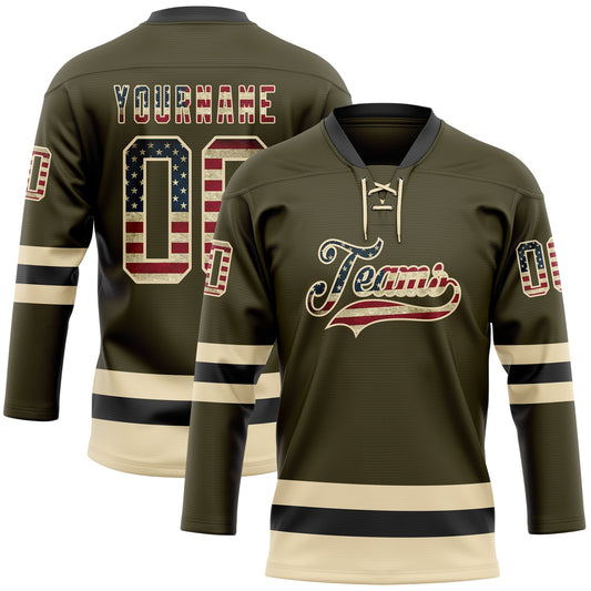 Custom Olive Vintage USA Flag Cream-Black Salute To Service Hockey Lace Neck Jersey - Main View