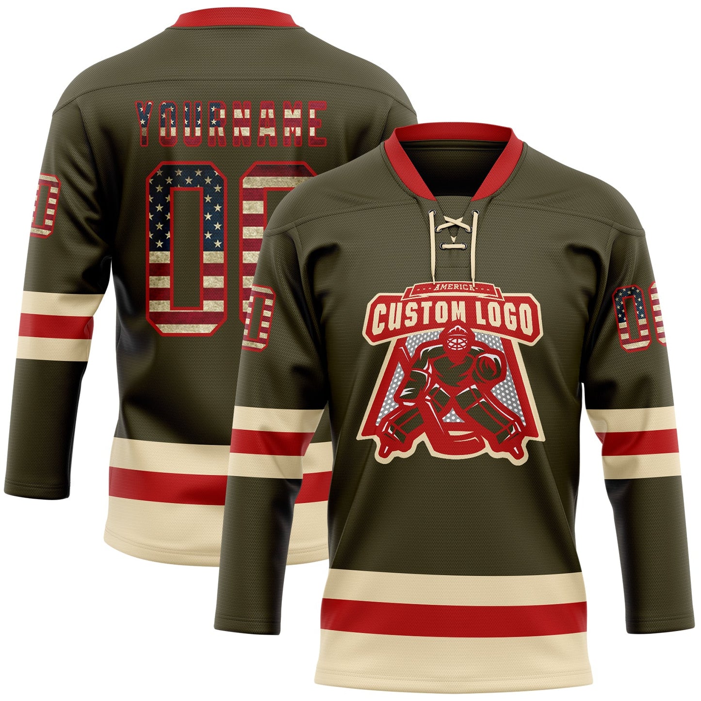 Custom Olive Vintage USA Flag Red-Cream Salute To Service Hockey Lace Neck Jersey view 2