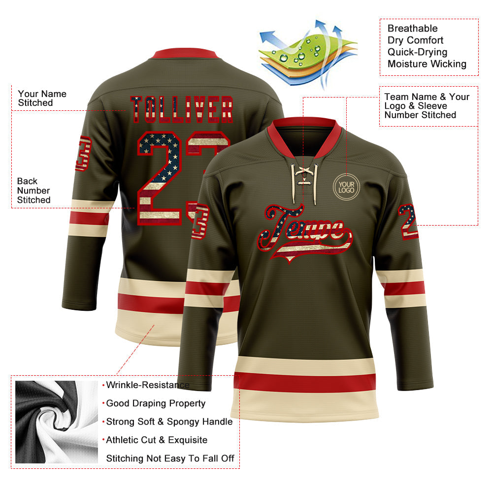 Custom Olive Vintage USA Flag Red-Cream Salute To Service Hockey Lace Neck Jersey view 3