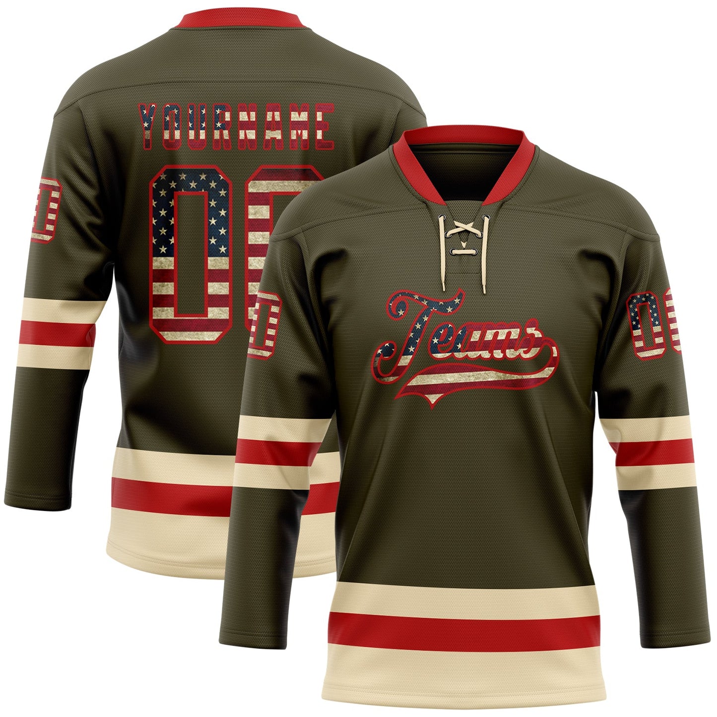 Custom Olive Vintage USA Flag Red-Cream Salute To Service Hockey Lace Neck Jersey - Main View