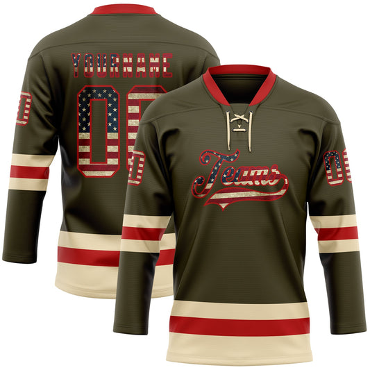Custom Olive Vintage USA Flag Red-Cream Salute To Service Hockey Lace Neck Jersey - Main View
