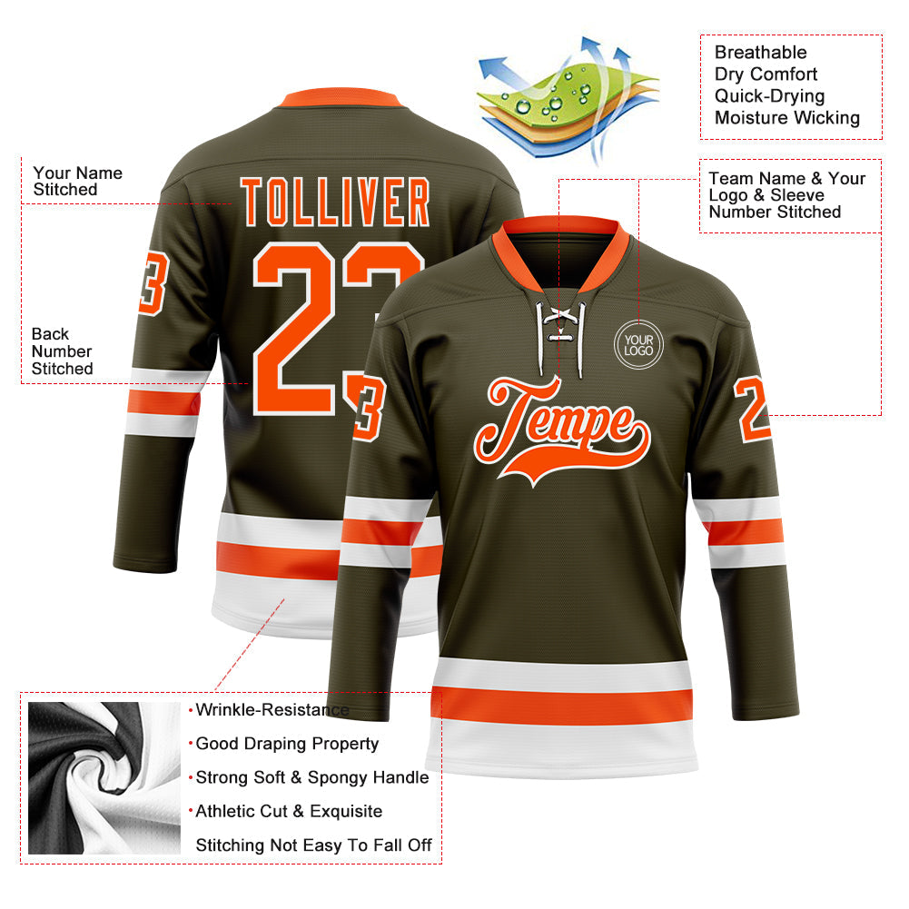 Custom Olive Orange-White Salute To Service Hockey Lace Neck Jersey view 3