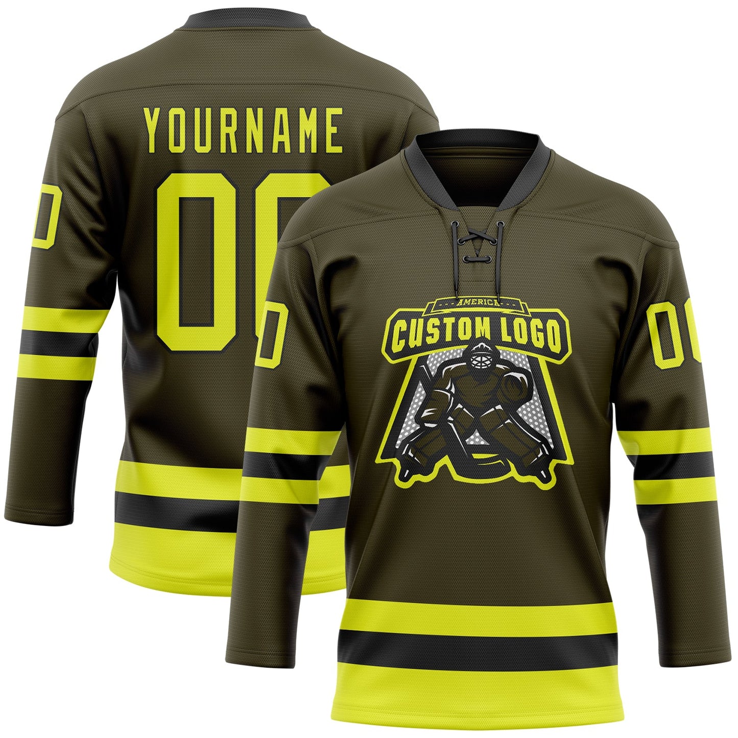 Custom Olive Neon Yellow-Black Salute To Service Hockey Lace Neck Jersey view 2