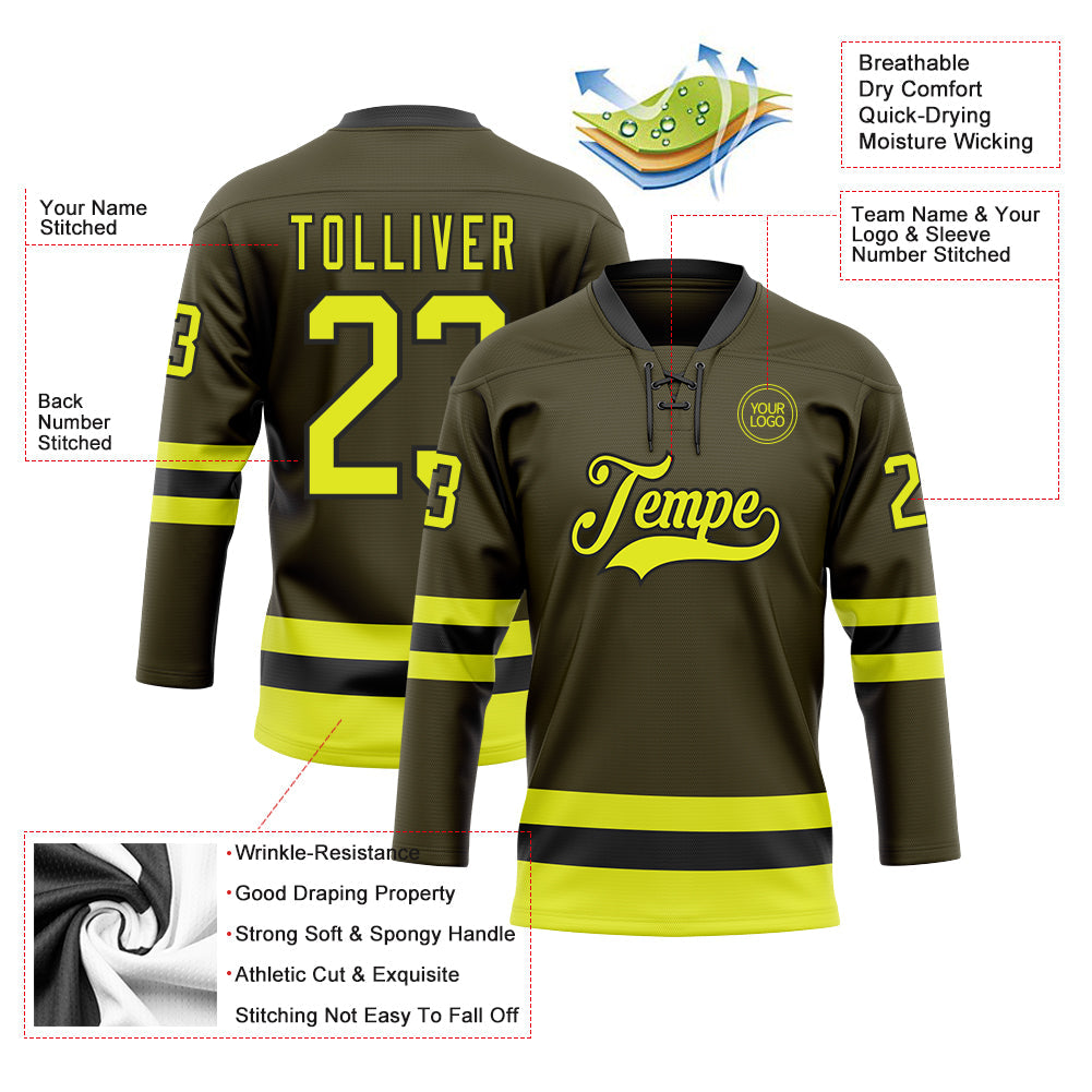 Custom Olive Neon Yellow-Black Salute To Service Hockey Lace Neck Jersey view 3