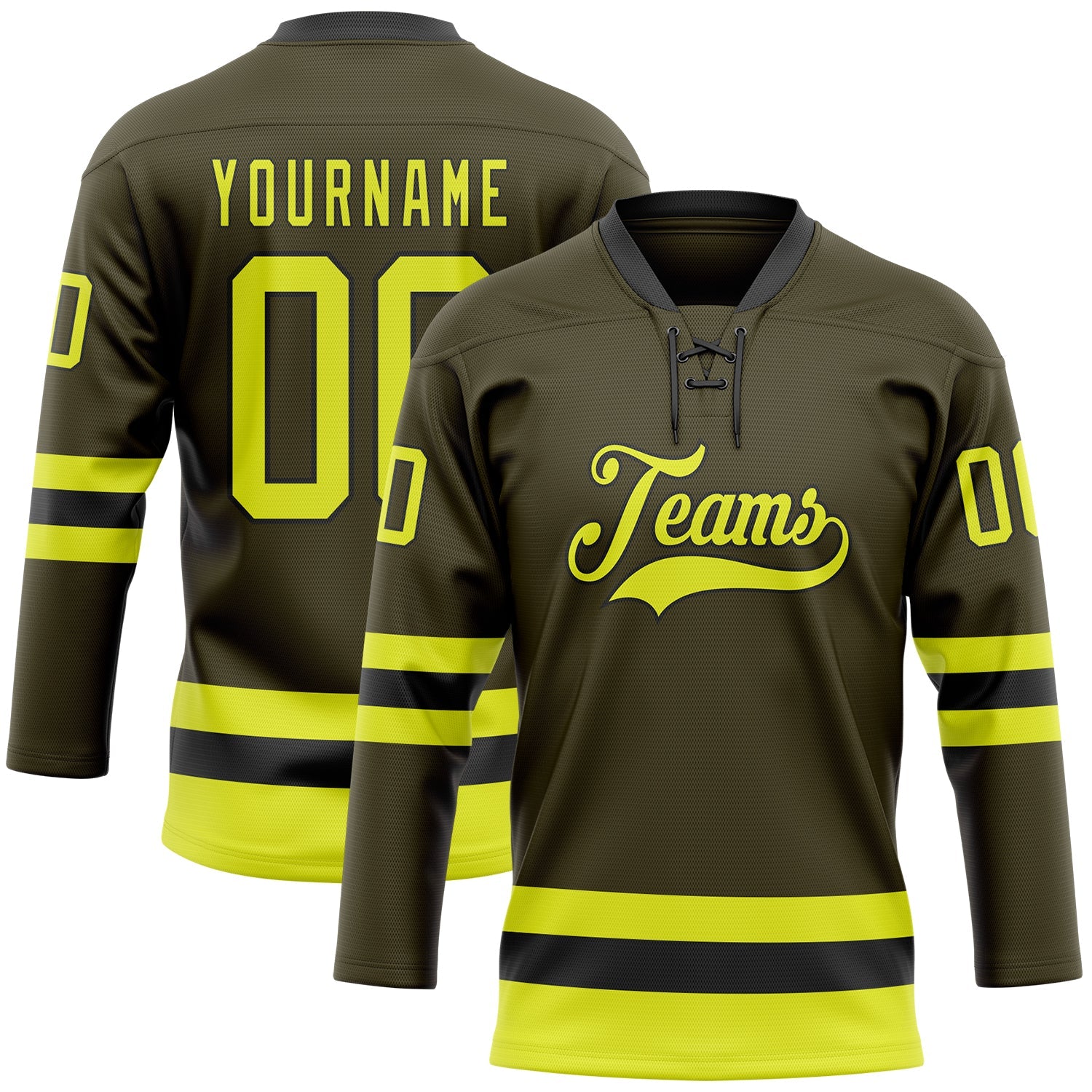 Custom Olive Neon Yellow-Black Salute To Service Hockey Lace Neck Jersey - Main View