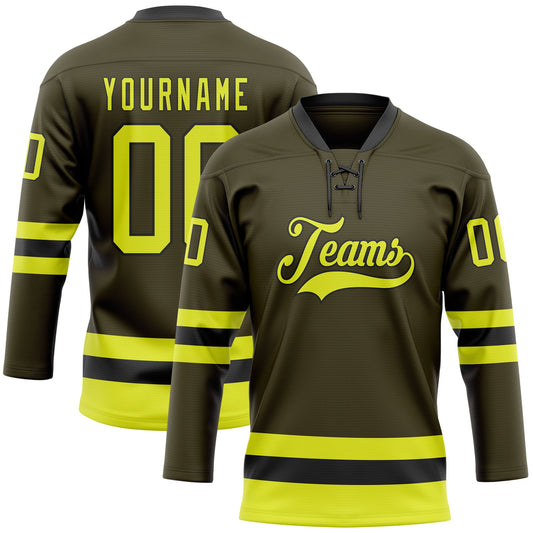Custom Olive Neon Yellow-Black Salute To Service Hockey Lace Neck Jersey - Main View