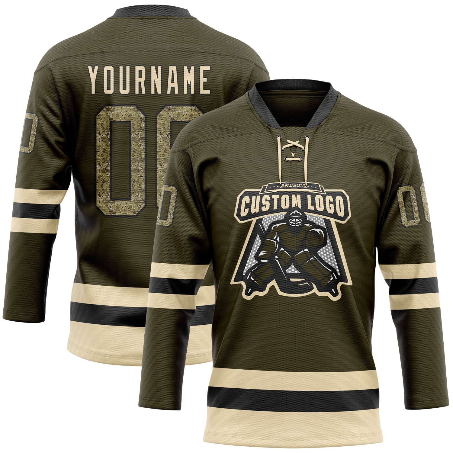 Custom Olive Camo Black-Cream Salute To Service Hockey Lace Neck Jersey view 2