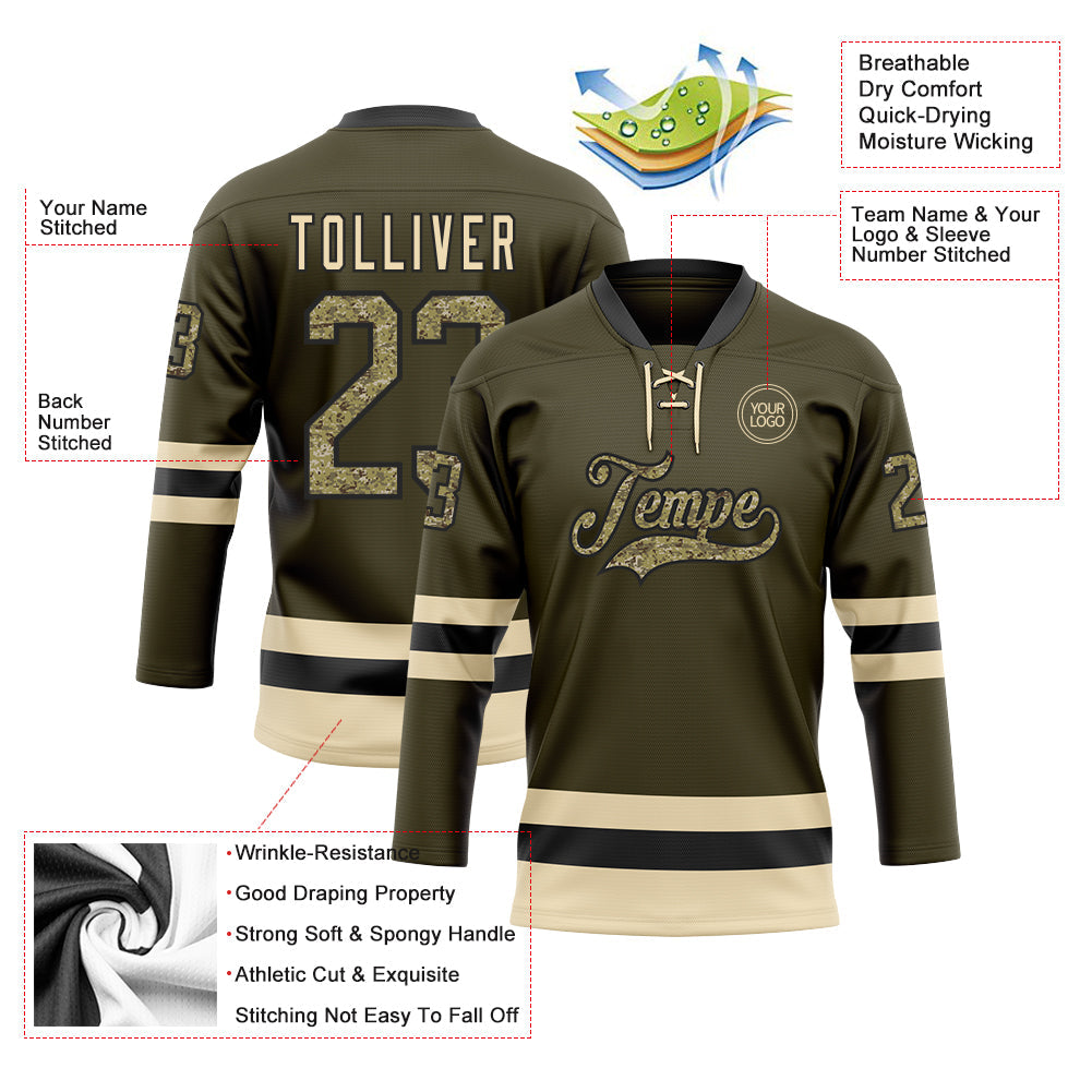 Custom Olive Camo Black-Cream Salute To Service Hockey Lace Neck Jersey view 3