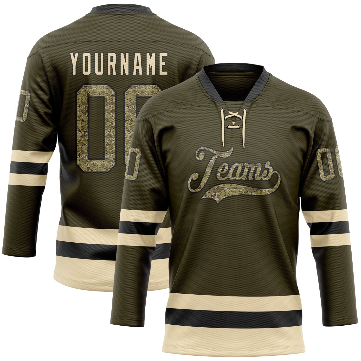 Custom Olive Camo Black-Cream Salute To Service Hockey Lace Neck Jersey - Main View