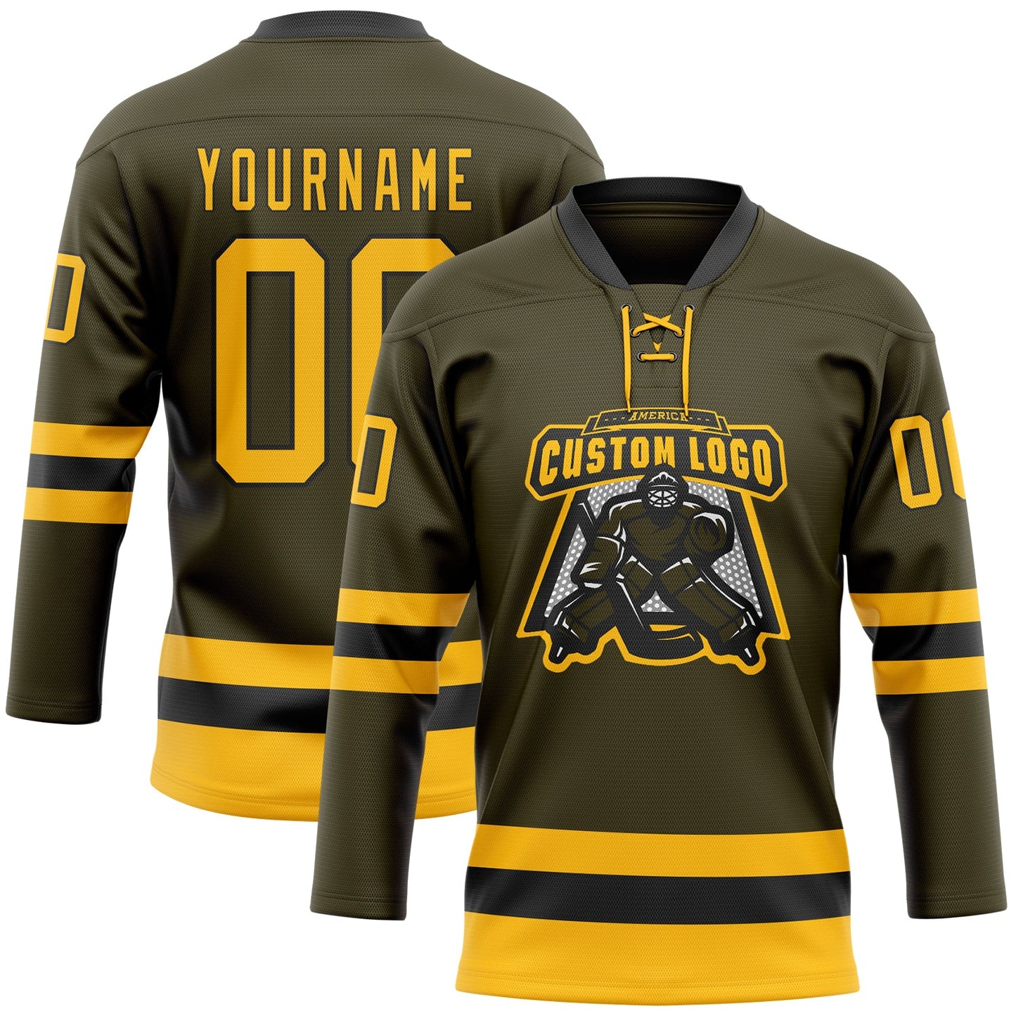 Custom Olive Gold-Black Salute To Service Hockey Lace Neck Jersey view 2