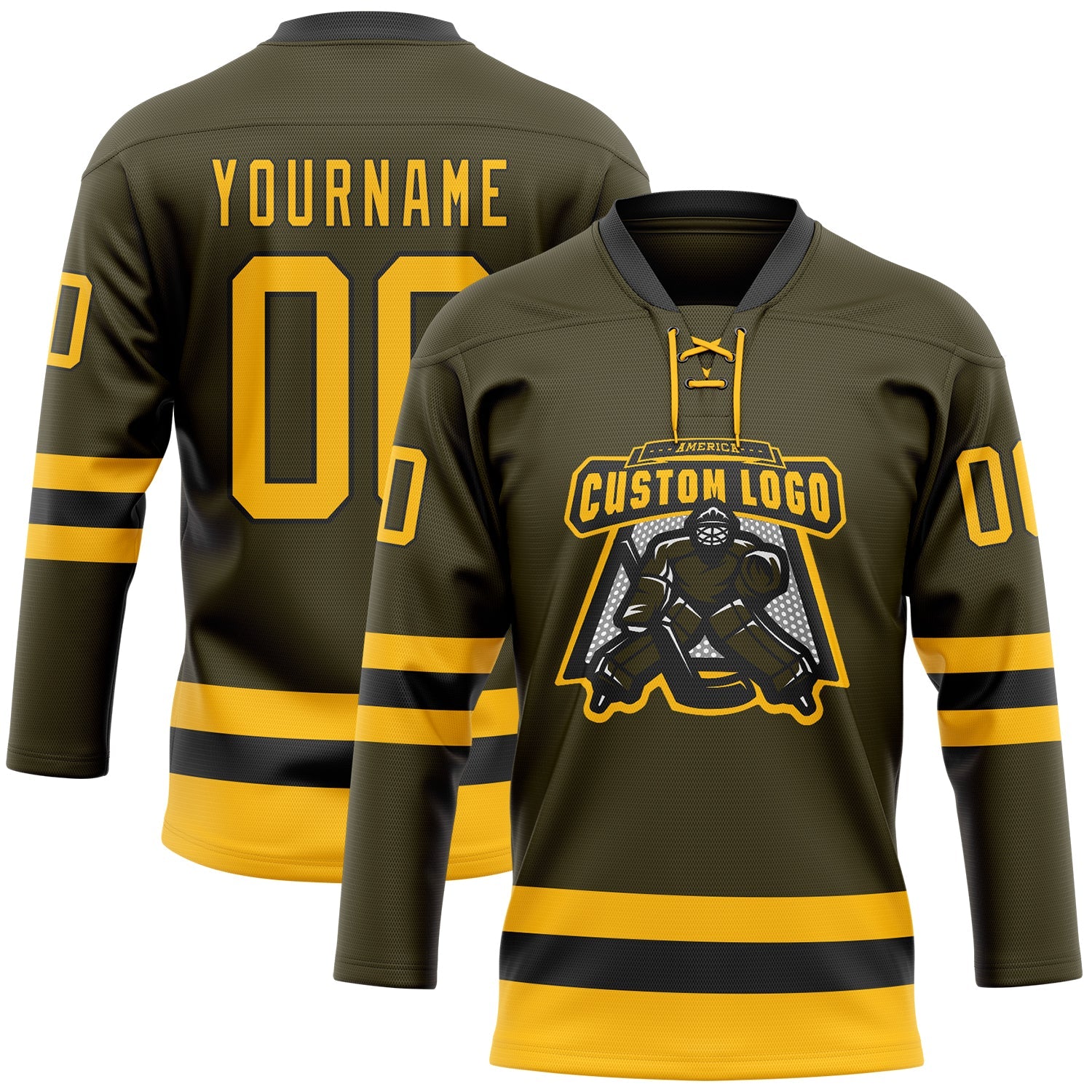 Custom Olive Gold-Black Salute To Service Hockey Lace Neck Jersey view 2