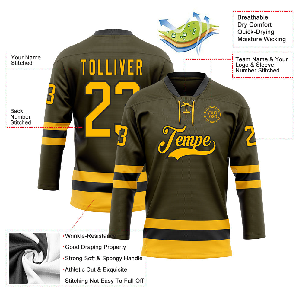 Custom Olive Gold-Black Salute To Service Hockey Lace Neck Jersey view 3