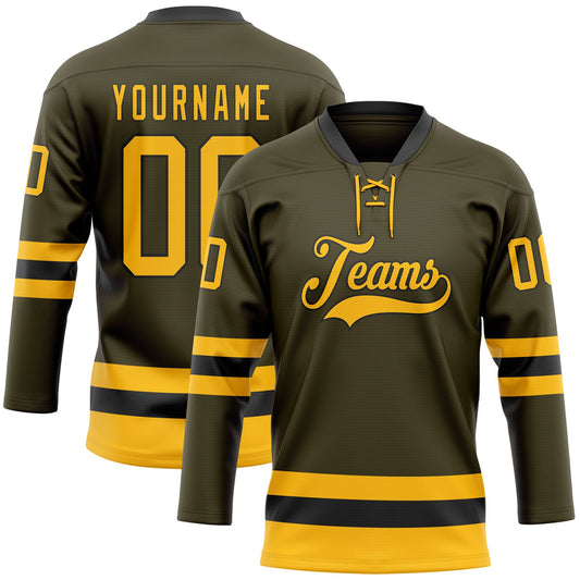 Custom Olive Gold-Black Salute To Service Hockey Lace Neck Jersey - Main View