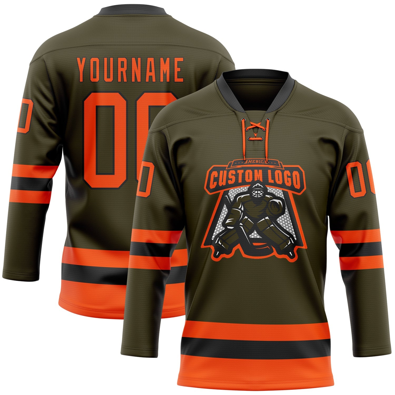 Custom Olive Orange-Black Salute To Service Hockey Lace Neck Jersey view 2