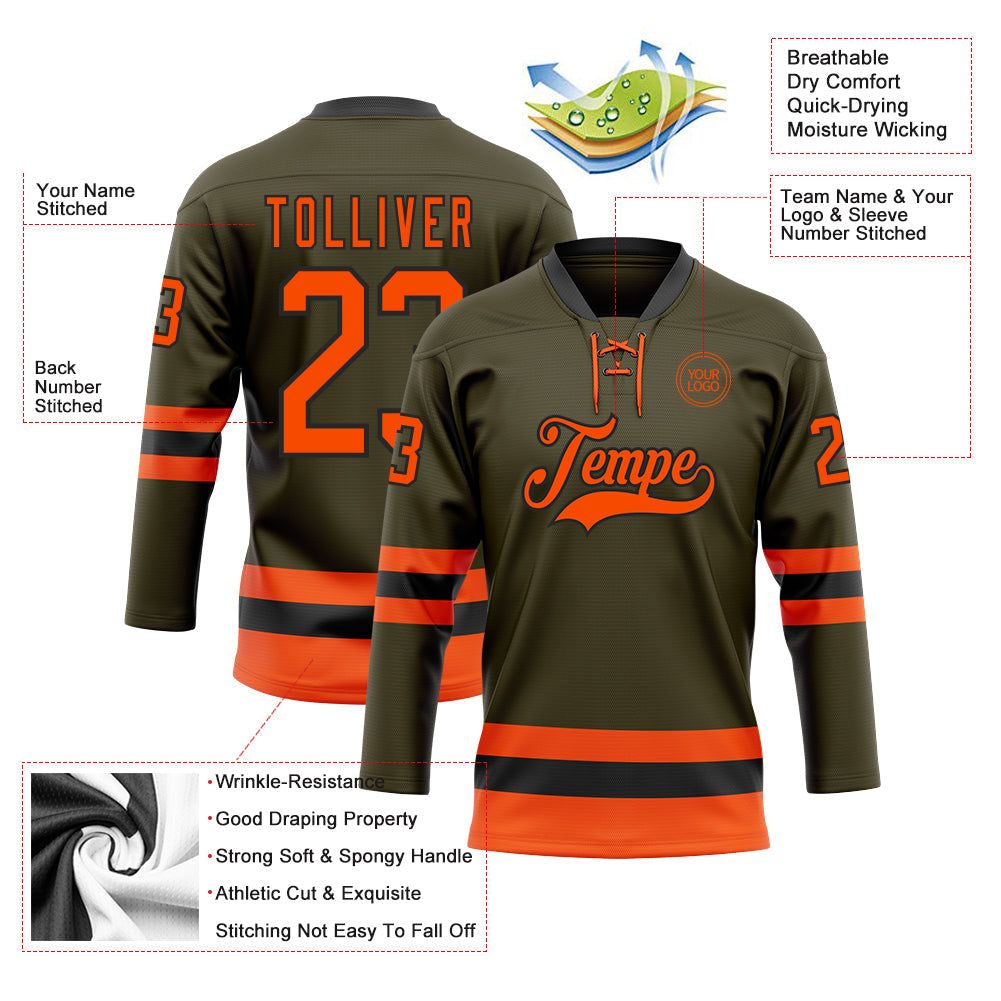 Custom Olive Orange-Black Salute To Service Hockey Lace Neck Jersey view 3