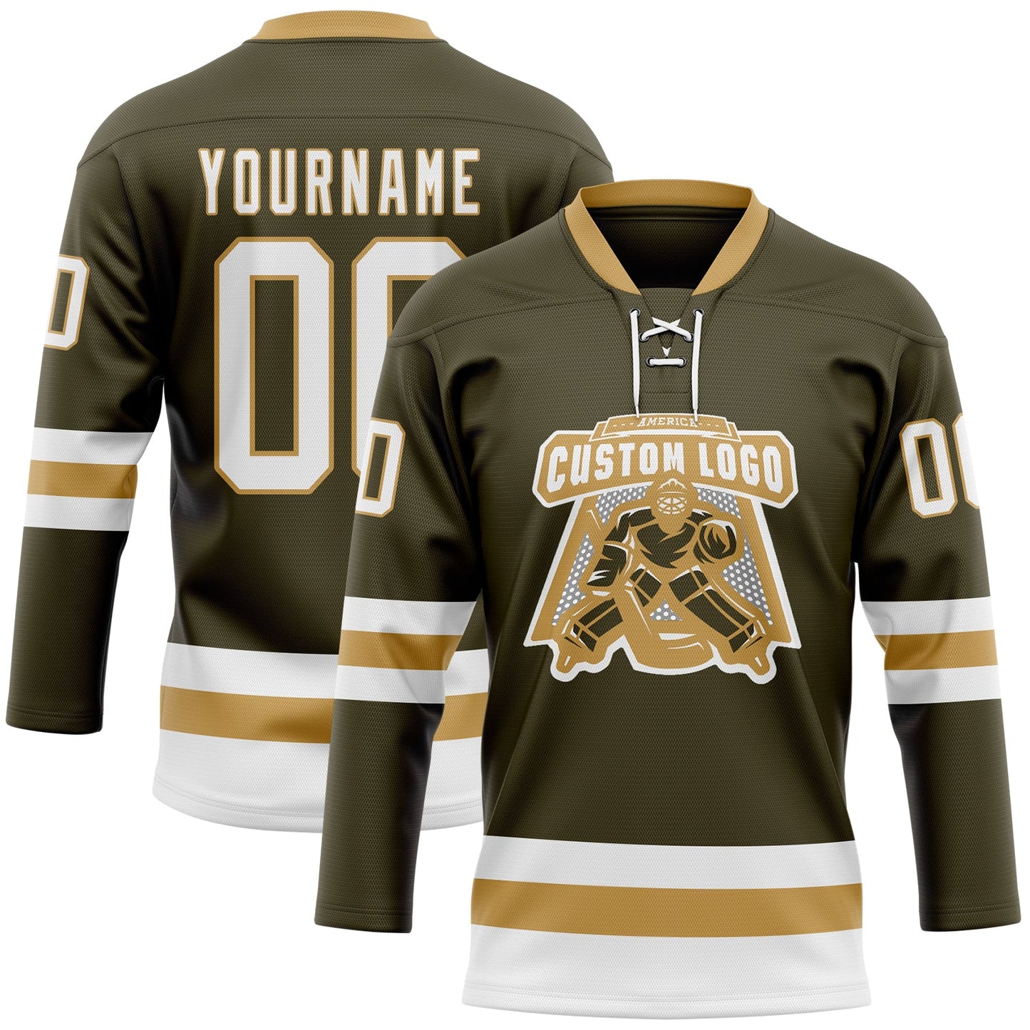 Custom Olive White-Old Gold Salute To Service Hockey Lace Neck Jersey view 2