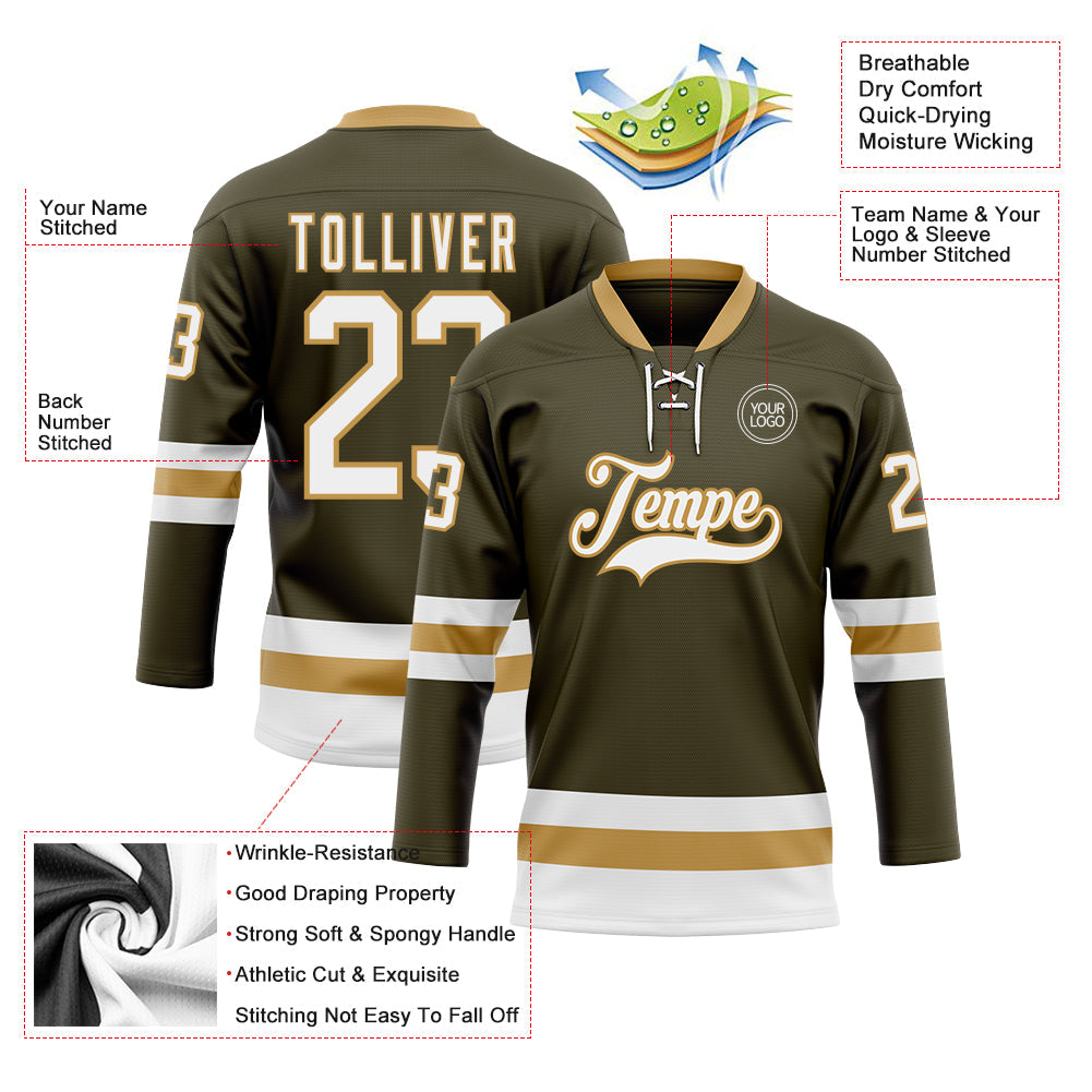 Custom Olive White-Old Gold Salute To Service Hockey Lace Neck Jersey view 3