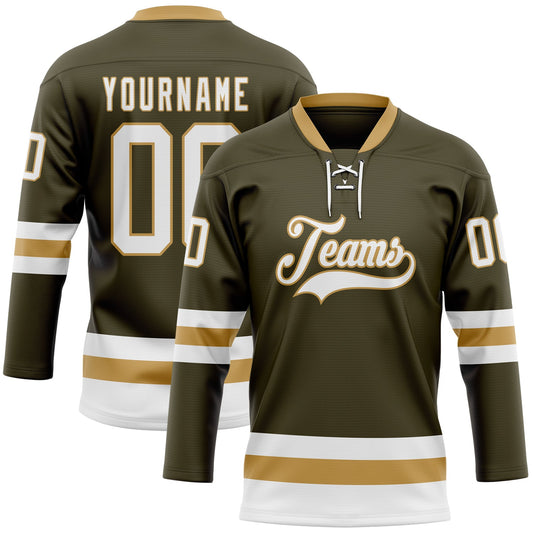 Custom Olive White-Old Gold Salute To Service Hockey Lace Neck Jersey - Main View