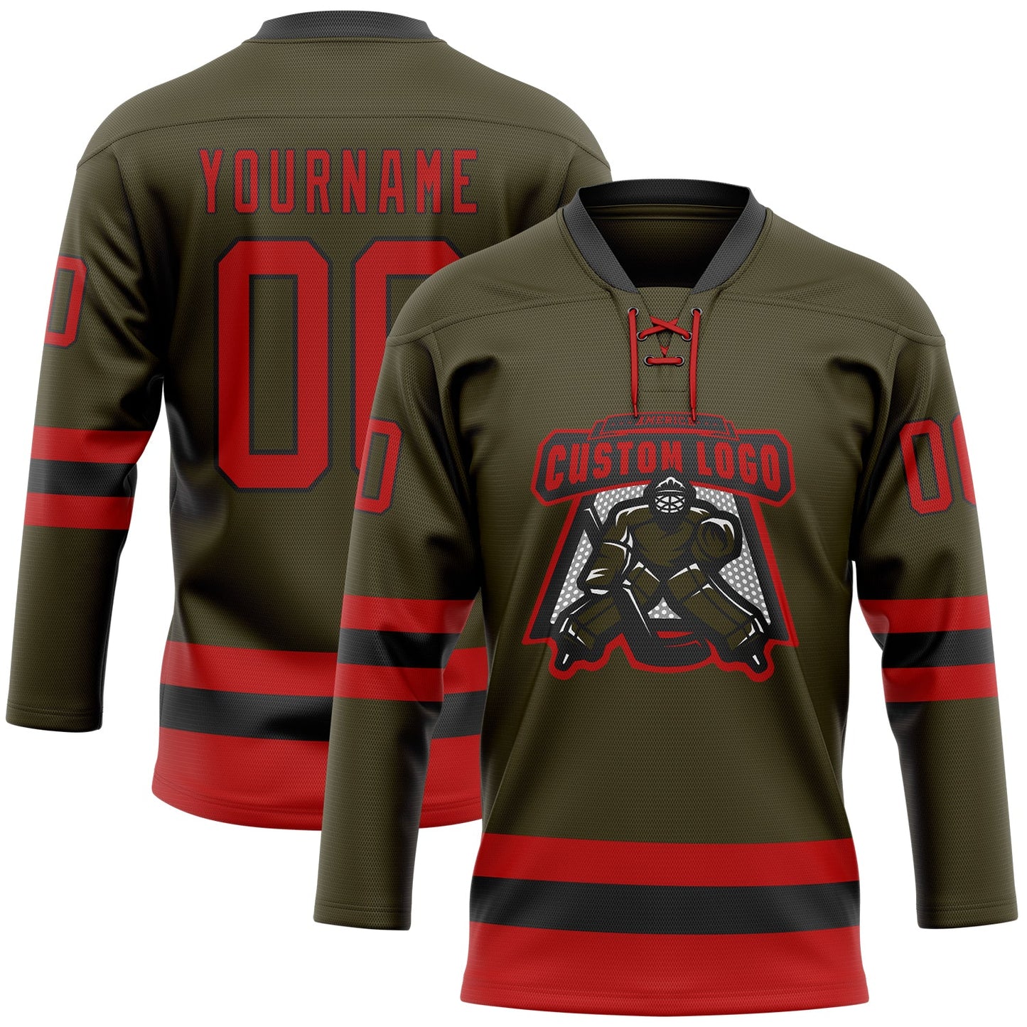 Custom Olive Red-Black Salute To Service Hockey Lace Neck Jersey view 2
