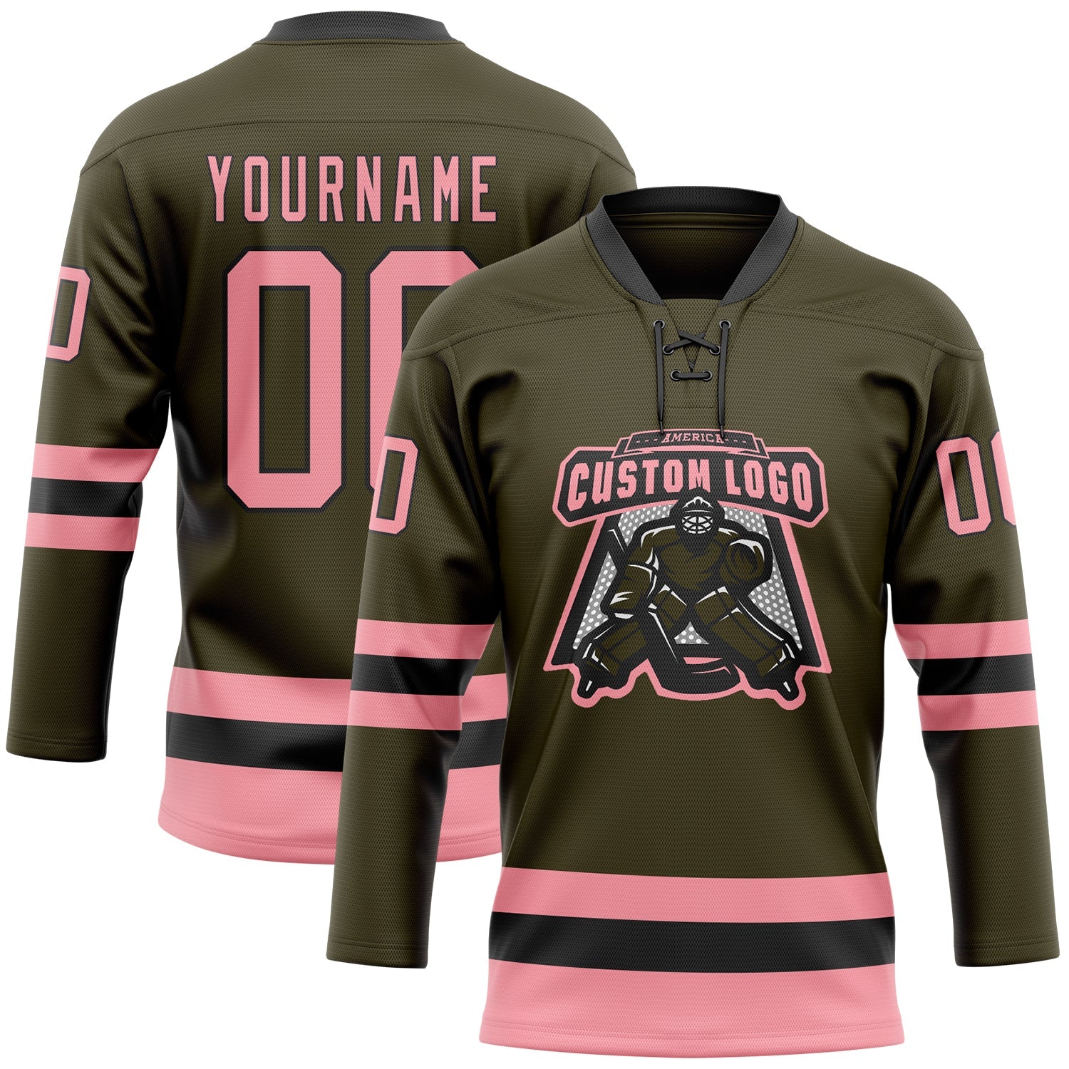 Custom Olive Medium Pink-Black Salute To Service Hockey Lace Neck Jersey view 2