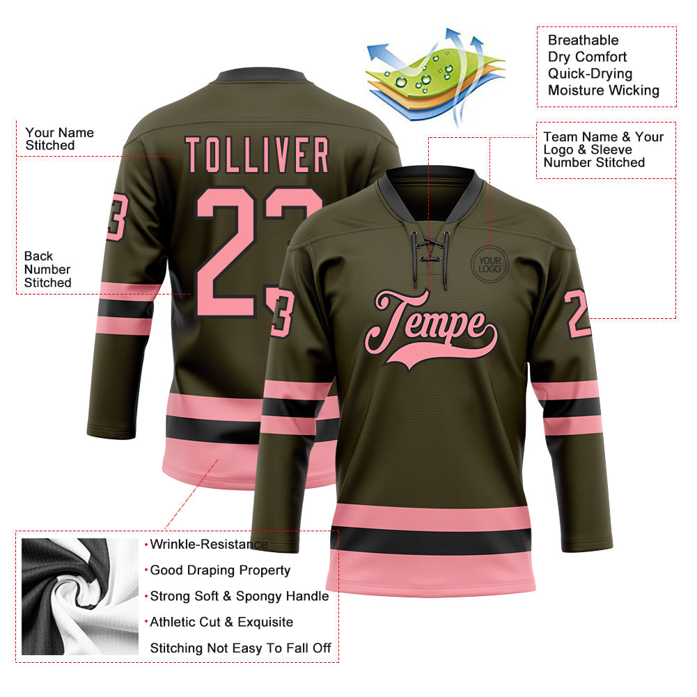 Custom Olive Medium Pink-Black Salute To Service Hockey Lace Neck Jersey view 3