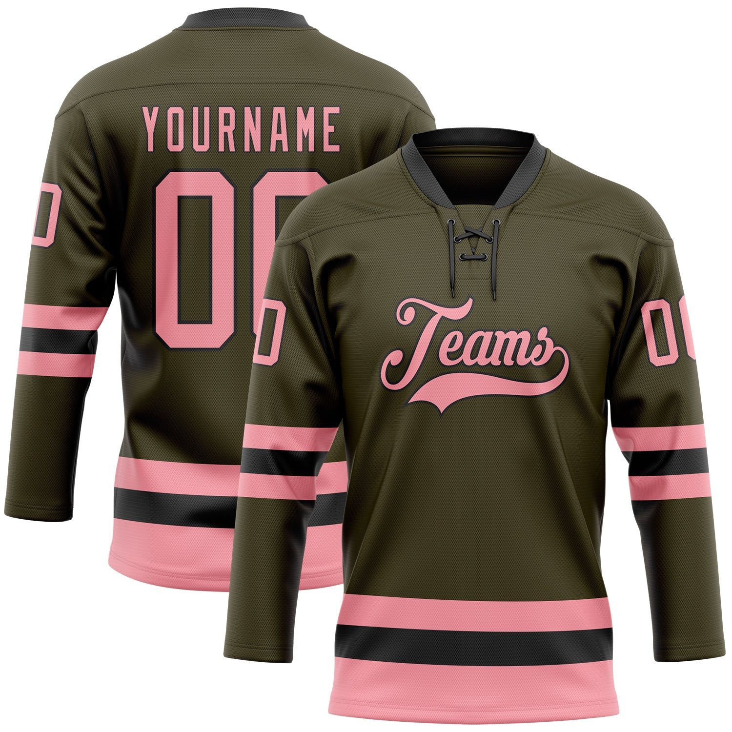 Custom Olive Medium Pink-Black Salute To Service Hockey Lace Neck Jersey - Main View