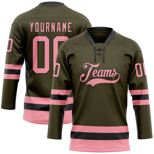Custom Olive Medium Pink-Black Salute To Service Hockey Lace Neck Jersey - Main View