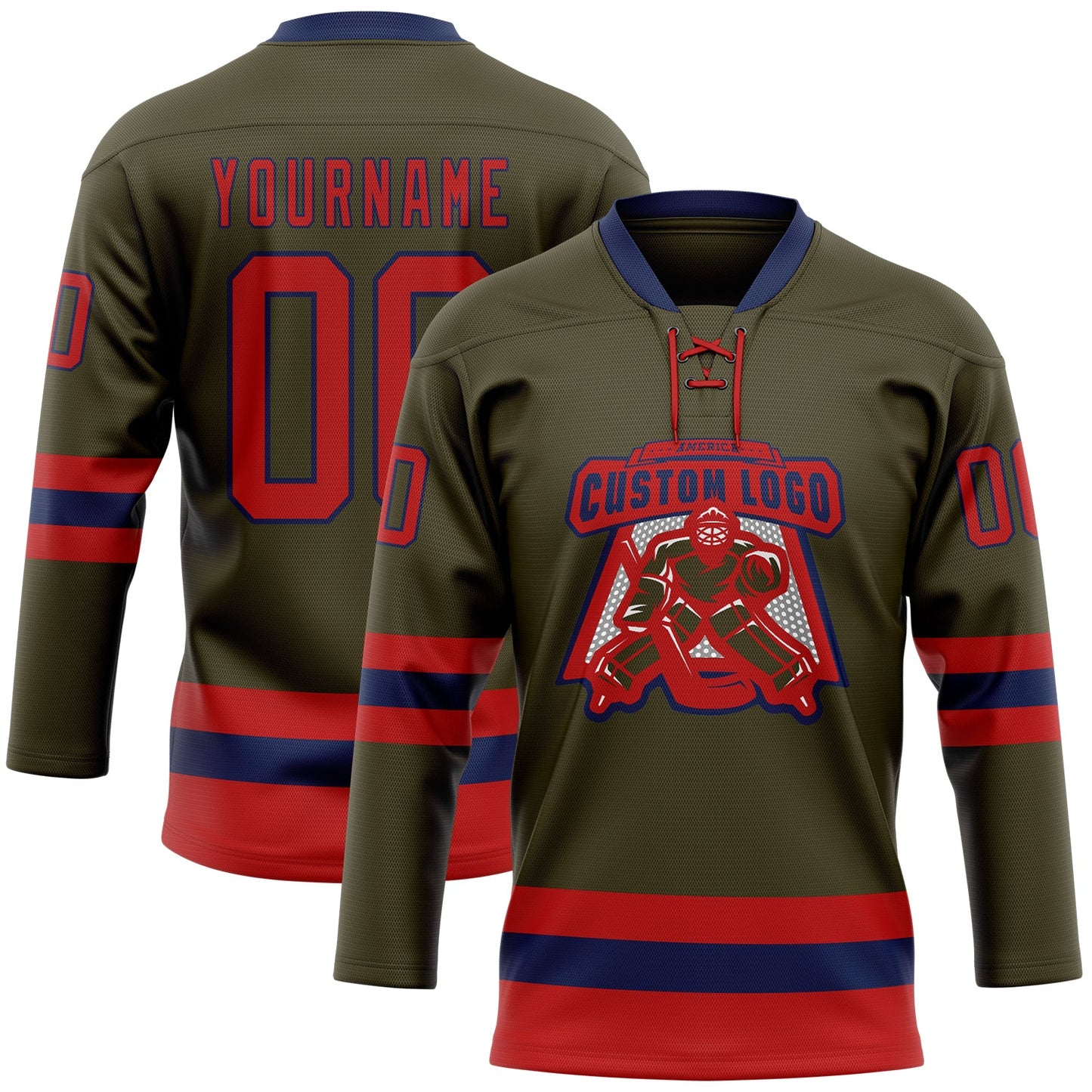 Custom Olive Red-Navy Salute To Service Hockey Lace Neck Jersey view 2