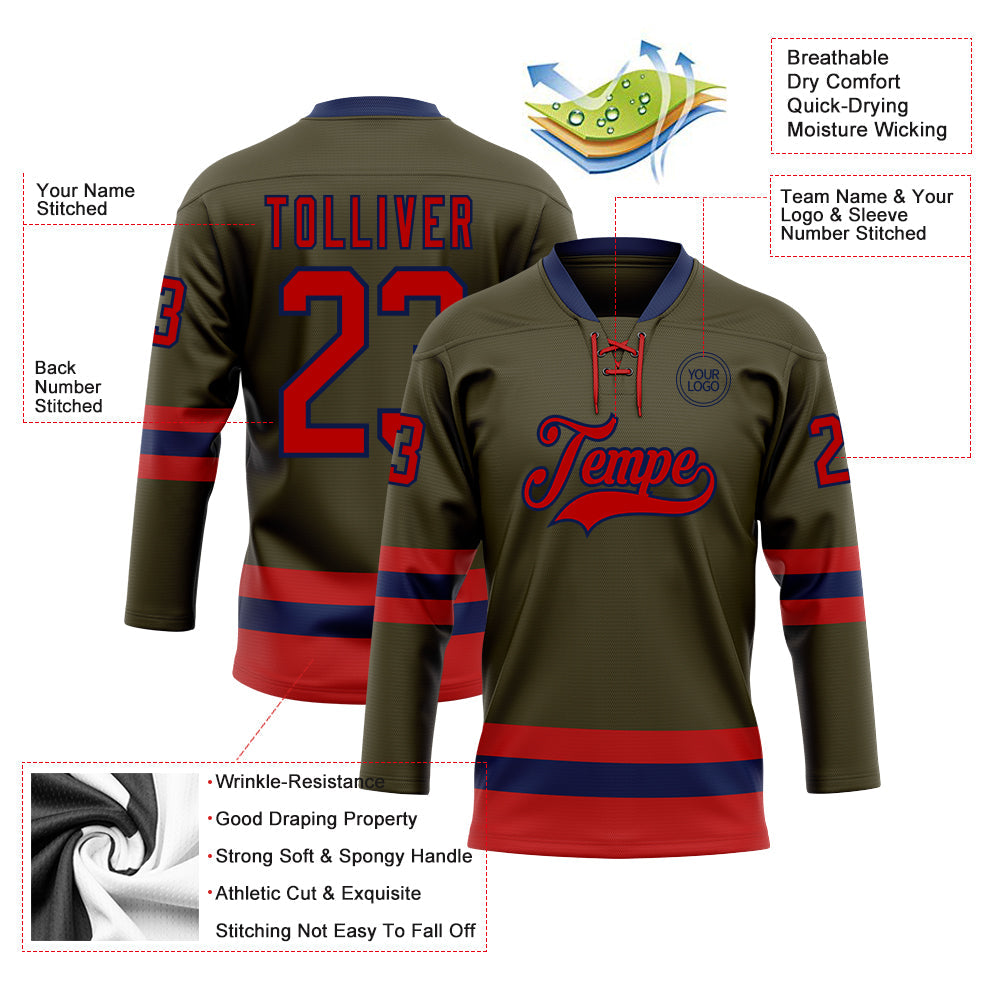 Custom Olive Red-Navy Salute To Service Hockey Lace Neck Jersey view 3