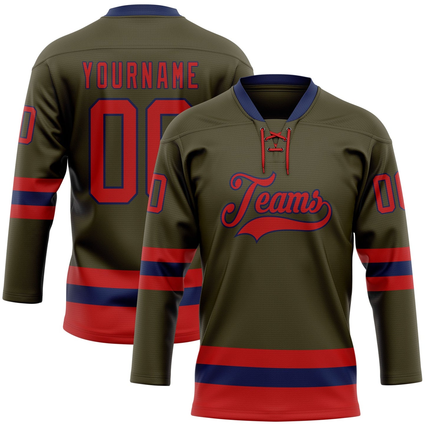 Custom Olive Red-Navy Salute To Service Hockey Lace Neck Jersey - Main View