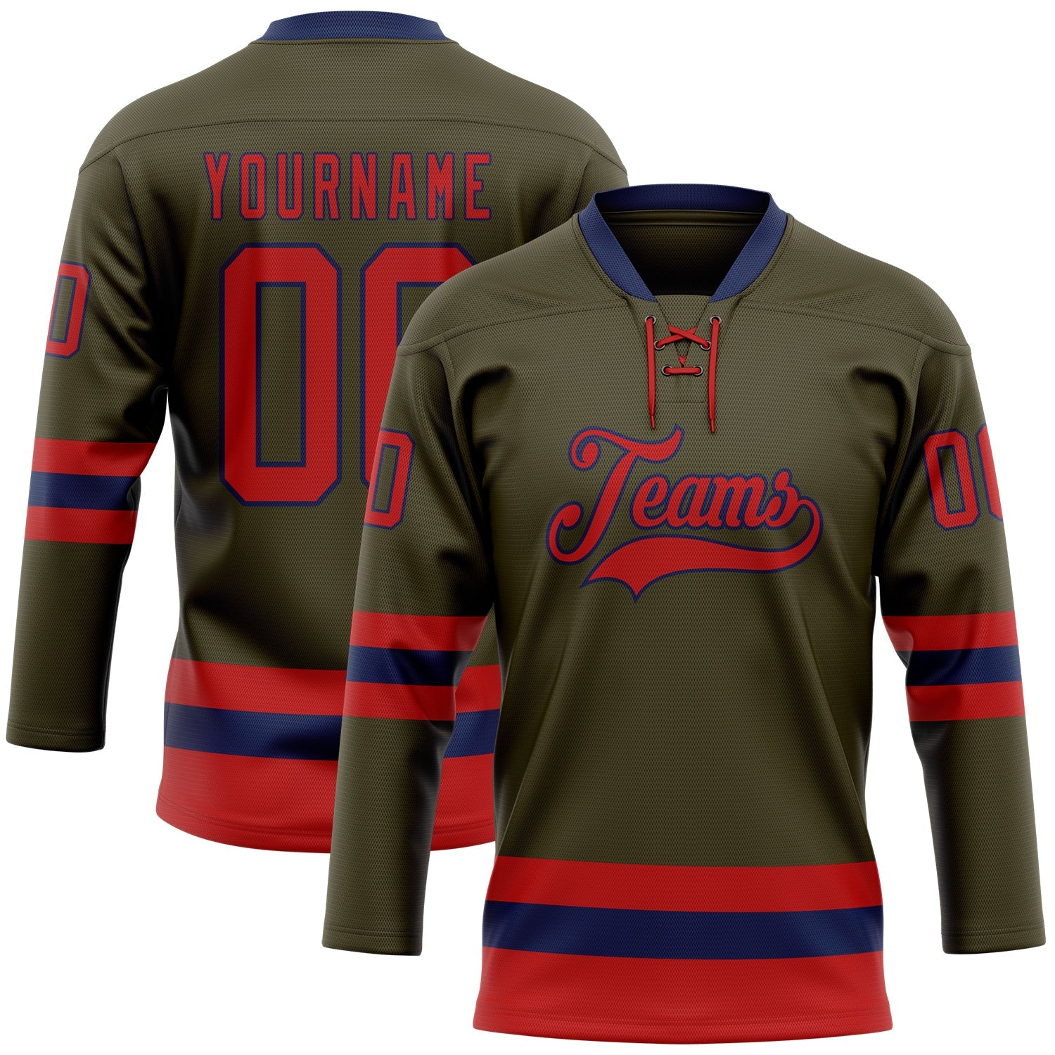 Custom Olive Red-Navy Salute To Service Hockey Lace Neck Jersey - Main View